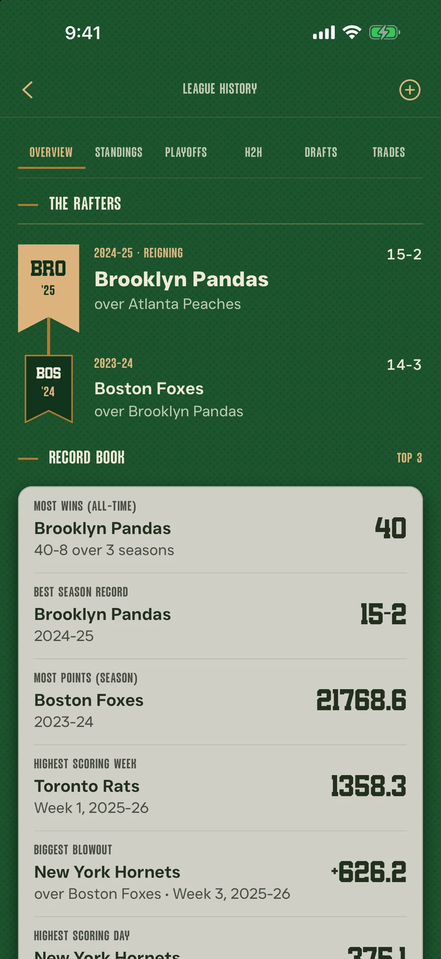 League history in Franchise, with each past champion hung as a banner in the rafters — the reigning 2024-25 Brooklyn Pandas above the 2023-24 Boston Foxes — over the league's all-time record book, opened to every record