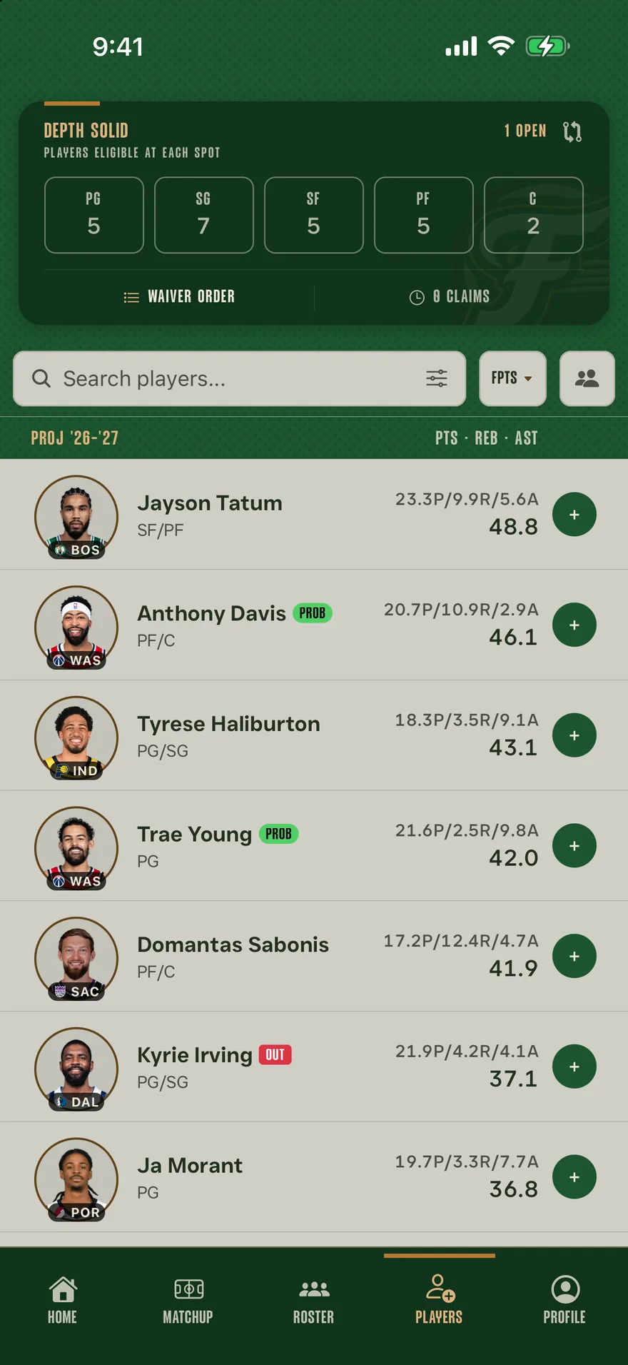The player pool in Franchise, headed by a count of how many players the roster has eligible at each position and listing each free agent's projected per-game line