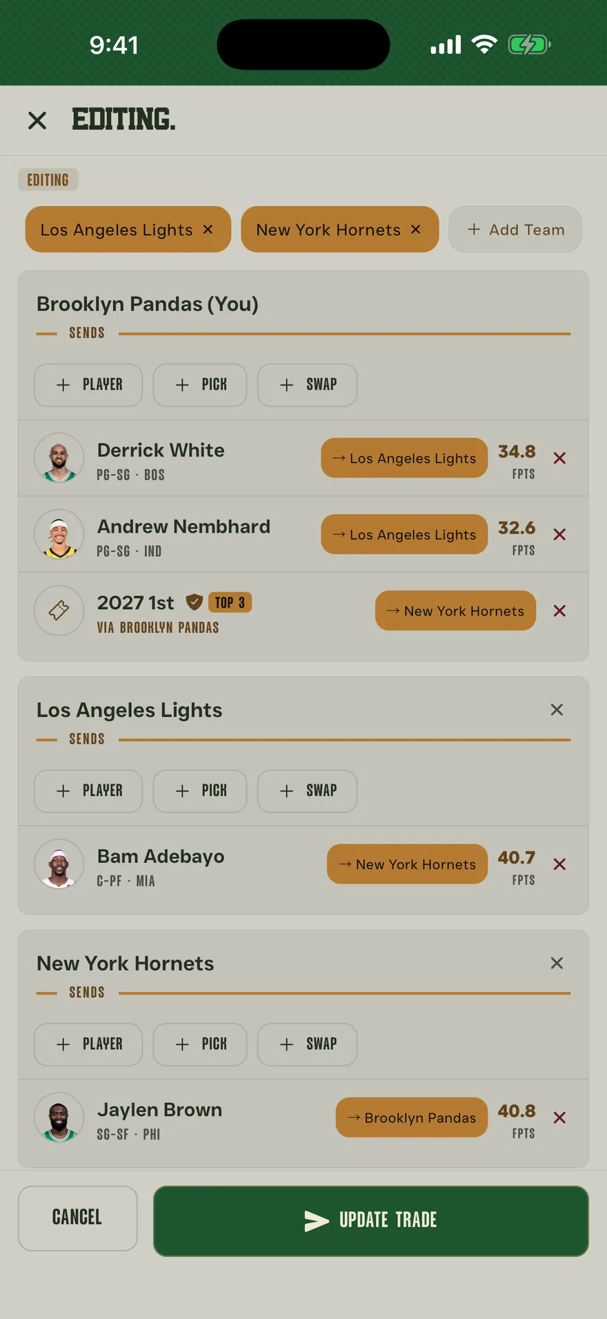 A three-team trade being built in Franchise, with each team's outgoing players and picks individually routed to one of the other two, including a 2027 first-round pick carrying top-three protection